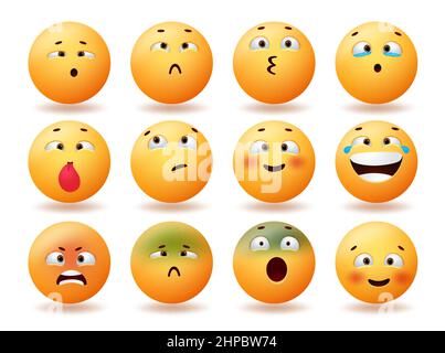 Emoji cute emoticons vector set design. Emoticon character faces with cross eyes, happy, smiling and angry reaction for emojis funny face collection. Stock Vector