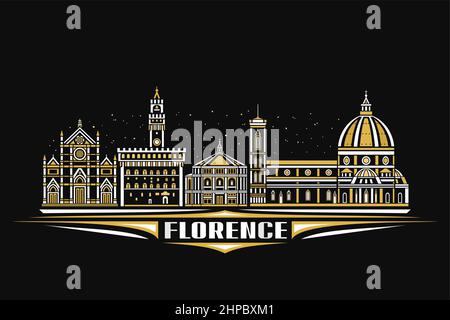 Vector illustration of Florence, dark horizontal poster with linear design famous florence city scape on dusk sky background, european urban line art Stock Vector