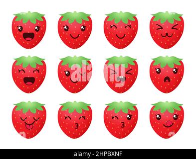 Kawaii strawberry emoji vector set design. Emojis in berry faces with cute facial expression isolated in white background for berries fruit emoticon. Stock Vector