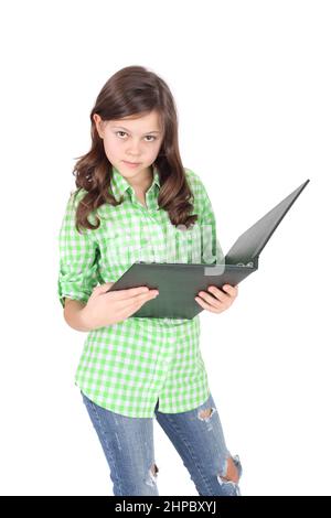 Beautiful teen girl with the green folder in her hands Stock Photo