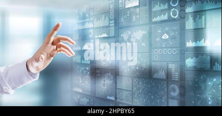 Applications icons on virtual screen, technology, development background concept. Stock Photo