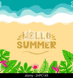 Square Frame from tropical leaves, palms, plants, flowers, monstera on the background of the sea. Botanical exotic plants elements. Vector illustration. Stock Vector
