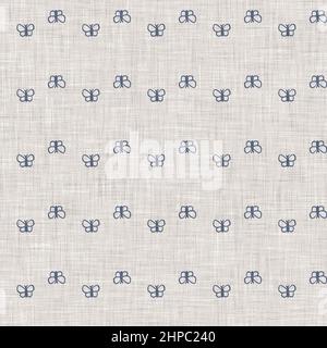 Farmhouse blue butterfly linen seamless pattern. Tonal french country cottage style farm animal background. Simple vintage rustic fabric textile Stock Photo