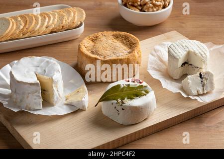 Cheese board with variation of French cheese and pieces close up Stock Photo