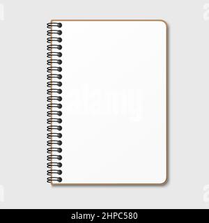 Notepad with a vertical spring spiral. Notebook with a blank white sheet. Isolated vector illustration on a gray background. Stock Vector