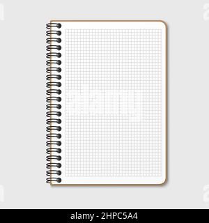 Notepad with a vertical spring spiral. Notebook with checkered sheet. Isolated vector illustration on a gray background. Stock Vector