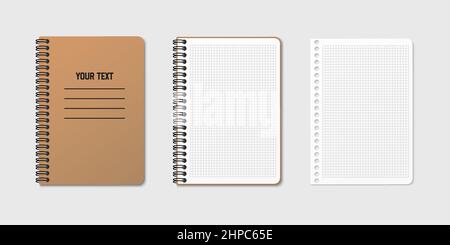 Vertical spiral spring notepad with space for your image or text on gray isolated background in three variations. Checkered sheet. Notebook vector cli Stock Vector