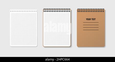 Horizontal spiral spring notepad with space for your image or text on gray isolated background in three variations. Checkered sheet. Notebook vector c Stock Vector