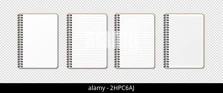 Vertical spiral spring realistic notepad on transparent background. Lined, gridded, checkered grid, dotted and empty blank sheets. Notebook for homewo Stock Vector