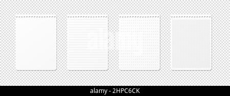 Horizontal ruled, lined, gridded, checkered grid, dotted and empty sheets on transparent background. Realistic sheet for horizontal spiral notepad. Ve Stock Vector