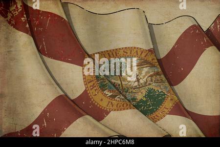 Background illustration of an old paper with a print of a waving Flag of the State of Florida Stock Photo
