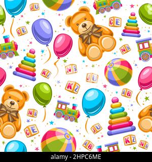 Vector Toys Seamless Pattern, square repeating background with set of cut out illustrations different kids toys, bright cartoon flying balloons, many Stock Vector