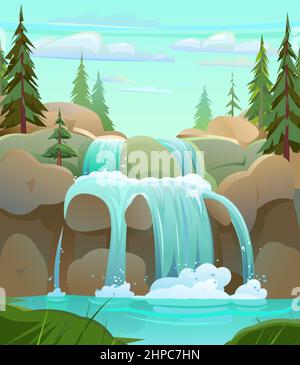 Landscape with waterfall rounded rocks among rocks. Cascade shimmers downward. In taiga or coniferous forest. Water flowing. Nice cartoon style. Flat Stock Vector