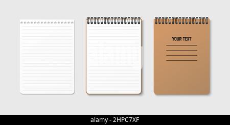 Horizontal spiral spring notepad with space for your image or text on gray isolated background in three variations. Lined sheet. Notebook vector clipa Stock Vector