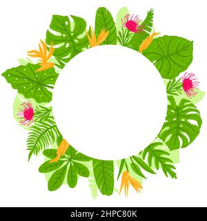 Round Frame from tropical leaves, palms, plants, flowers, monstera. Botanical exotic plants elements. Vector illustration isolated on white background. Stock Vector