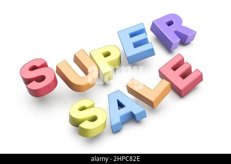 Super sale promo text with colorful letters on white background Stock Photo