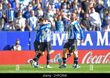 Barcelona,Spain.20 February,2022.  Sergi Darder (10) of RCD Espanyol celebrates scoring a goal during the spanish La Liga  match between RCD Espanyol and Sevilla FC at RCDE Stadium. Stock Photo