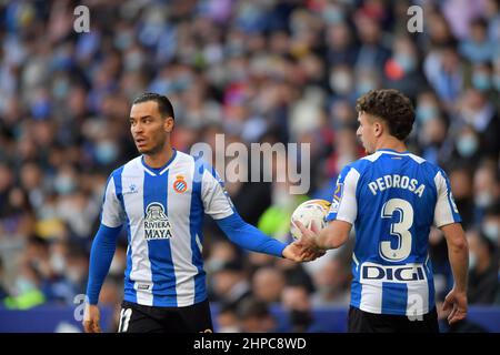 Barcelona,Spain.20 February,2022.  RDT (11) of RCD Espanyol and Adria Pedrosa (3) of RCD Espanyol during the spanish La Liga  match between RCD Espanyol and Sevilla FC at RCDE Stadium. Stock Photo