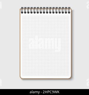 Notepad with a horizontal spring spiral. Notebook with checkered sheet. Isolated vector illustration on a gray background. Stock Vector