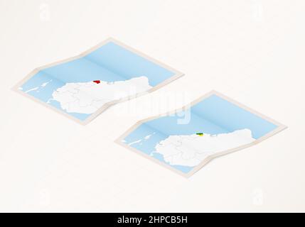 Two versions of a folded map of French Guiana with the flag of the country of French Guiana and with the red color highlighted. Set of isometric vecto Stock Vector