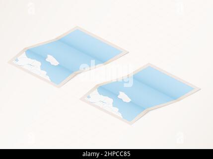 Two versions of a folded map of Mauritius with the flag of the country of Mauritius and with the red color highlighted. Set of isometric vector maps. Stock Vector