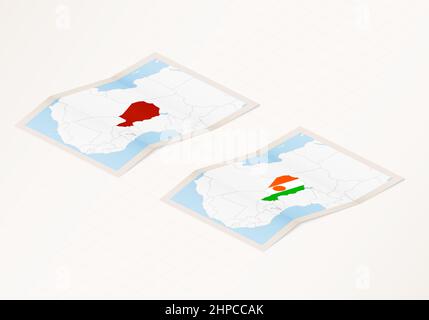 Two versions of a folded map of Niger with the flag of the country of Niger and with the red color highlighted. Set of isometric vector maps. Stock Vector