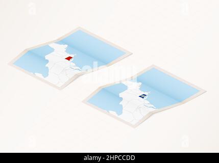 Two versions of a folded map of Connecticut with the flag of the country of Connecticut and with the red color highlighted. Set of isometric vector ma Stock Vector
