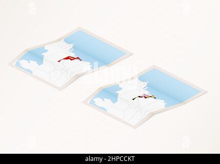 Two versions of a folded map of Maryland with the flag of the country of Maryland and with the red color highlighted. Set of isometric vector maps. Stock Vector