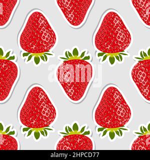 Juicy ripe strawberries on a gray background. Seamless pattern with stickers of red realistic strawberries. Background with food. Fruit design. Stock Vector