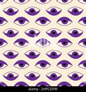 Esoteric seamless pattern with hand drawn magic purple eyes on beige background. Stock Vector