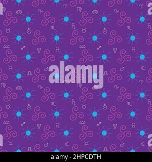 Esoteric seamless pattern with hand drawn magic symbols and zodiac signs on purple background. Stock Vector