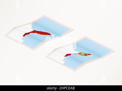 Two versions of a folded map of Florida with the flag of the country of Florida and with the red color highlighted. Set of isometric vector maps. Stock Vector