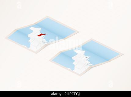 Two versions of a folded map of Massachusetts with the flag of the country of Massachusetts and with the red color highlighted. Set of isometric vecto Stock Vector