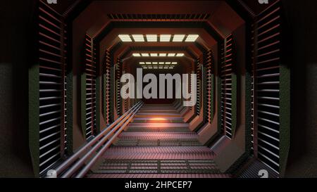 Futuristic tunnel with dark in the end. Long corridor. 3D illustration Stock Photo