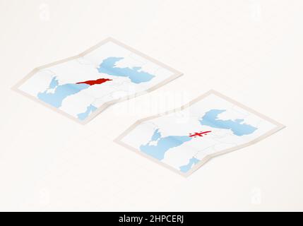Two versions of a folded map of Georgia with the flag of the country of Georgia and with the red color highlighted. Set of isometric vector maps. Stock Vector