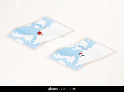 Two versions of a folded map of Netherlands with the flag of the country of Netherlands and with the red color highlighted. Set of isometric vector ma Stock Vector