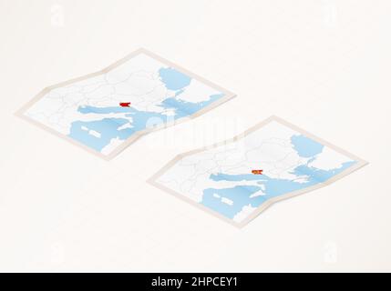 Two versions of a folded map of Montenegro with the flag of the country of Montenegro and with the red color highlighted. Set of isometric vector maps Stock Vector