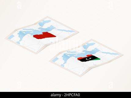 Two versions of an Libya folded map, one with a pinned country flag and ...