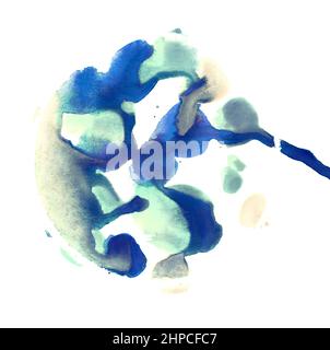 Multicolored drops of watercolor paint on white paper. Blue and cyan blot isolated on white. Grunge artistic color abstract background. Stock Photo