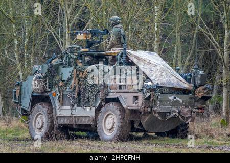 British army Supacat Jackal 4x4 rapid assault, fire support and reconnaissance vehicles on a military battle training exercise, Wiltshire UK Stock Photo