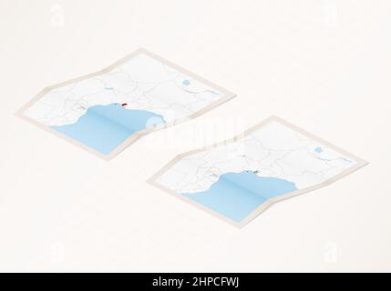 Two versions of a folded map of Equatorial Guinea with the flag of the country of Equatorial Guinea and with the red color highlighted. Set of isometr Stock Vector