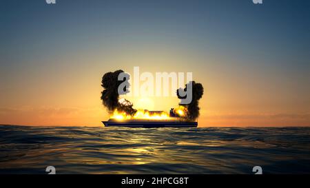 Grimaldi lines, Euroferry Olimpia ferry, fire on the ferry on the route from Greece to Italy. Boat in the middle of the sea. 3d rendering Stock Photo