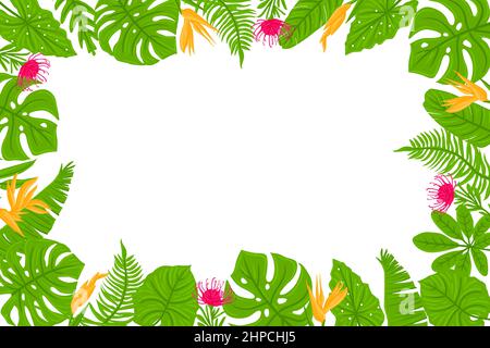 Horizontal Frame from tropical leaves, palms, plants, flowers, monstera. Botanical exotic plants elements. Vector illustration isolated on white background. Stock Vector