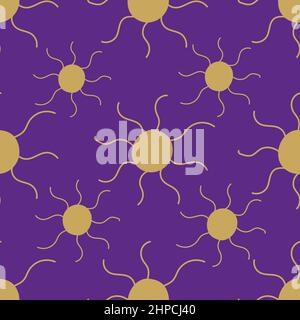 Esoteric seamless pattern with hand drawn magic gold sun on purple background. Stock Vector