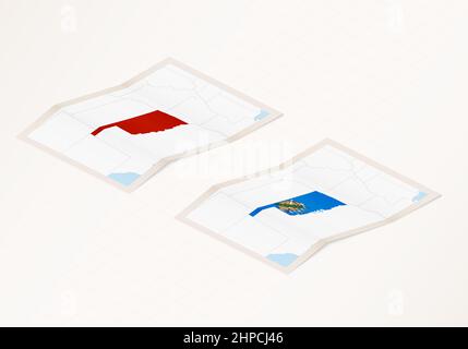 Two versions of a folded map of Oklahoma with the flag of the country of Oklahoma and with the red color highlighted. Set of isometric vector maps. Stock Vector