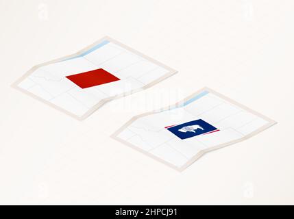 Two versions of a folded map of Wyoming with the flag of the country of Wyoming and with the red color highlighted. Set of isometric vector maps. Stock Vector