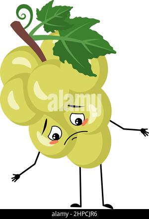 Grape character with sad emotions, depressed face, down eyes, arms and legs. Person with melancholy expression, berry emoticon. Vector flat illustration Stock Vector