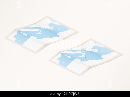 Two versions of a folded map of Malta with the flag of the country of Malta and with the red color highlighted. Set of isometric vector maps. Stock Vector