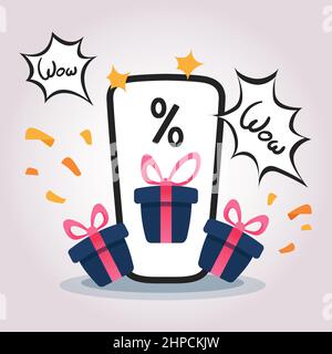 Concept phone illustration with presents and discount for loyalty program. Gifts on smartphone screen. Online surprise Stock Vector