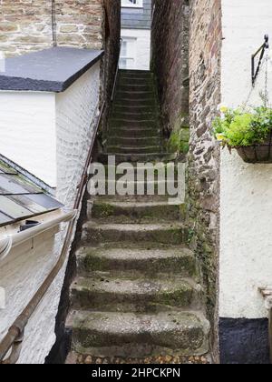 Steep steps between houses, Polruan, Cornwall, UK Stock Photo